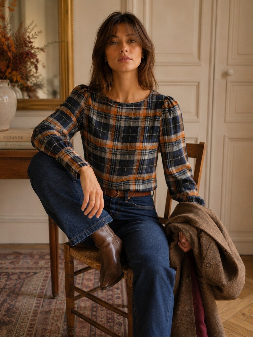 RW&CO Plaid Long Sleeve Blouse | Navy & Camel | Size Small